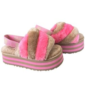 UGG NWOB Disco Stripe Slide Platform Sandals‎ Pink Brown Logo Strap Women Size 9